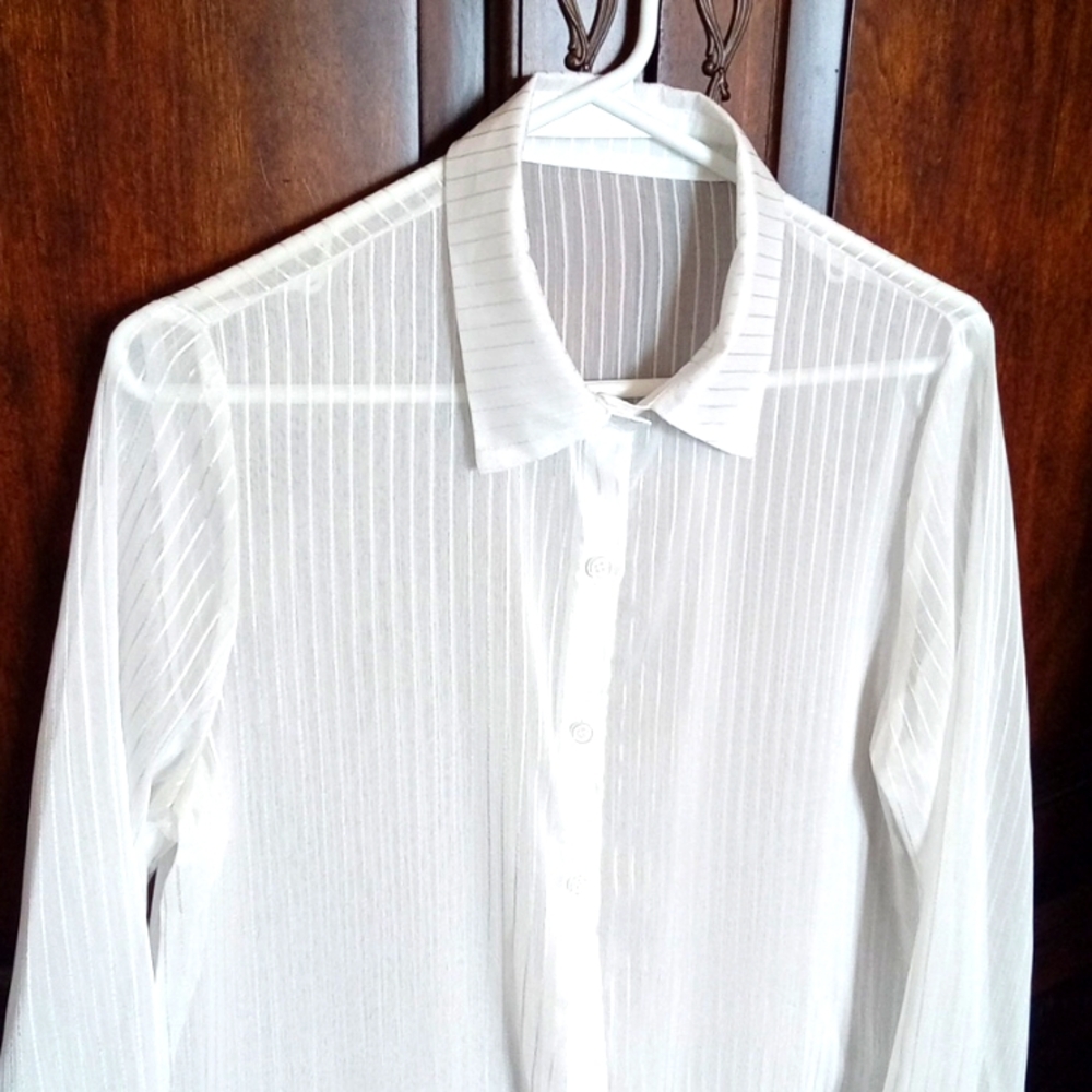 Women's White Sheer Striped Button Up Shirt Duster Vacation Coverup Size OS - Picture 2 of 7
